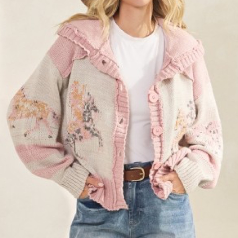 Cozy Horse Western Graphic Wide Collar Button Down Cardigan - Picture 1 of 8